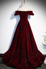 Party Dress Afternoon Tea, Wine Red Velvet Off Shoulder Long Formal Evening Gown, Wine Red Prom Dresses