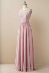 Bridesmaids Dresses Wedding, Wisteria A-line Illusion Lace Cap Sleeves Chiffon Long Prom Dress