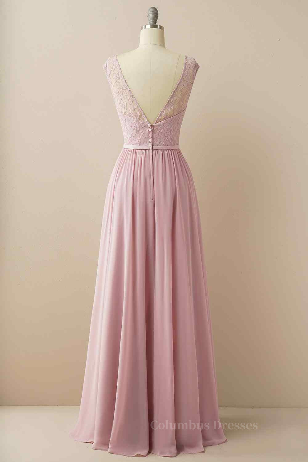 Bridesmaid Dress Wedding, Wisteria A-line Illusion Lace Cap Sleeves Chiffon Long Prom Dress