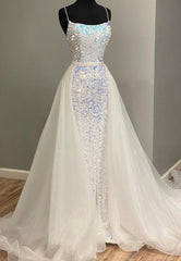 Formal Dresses On Sale, White Tulle Sequins Long Prom Dress, White Evening Dresses