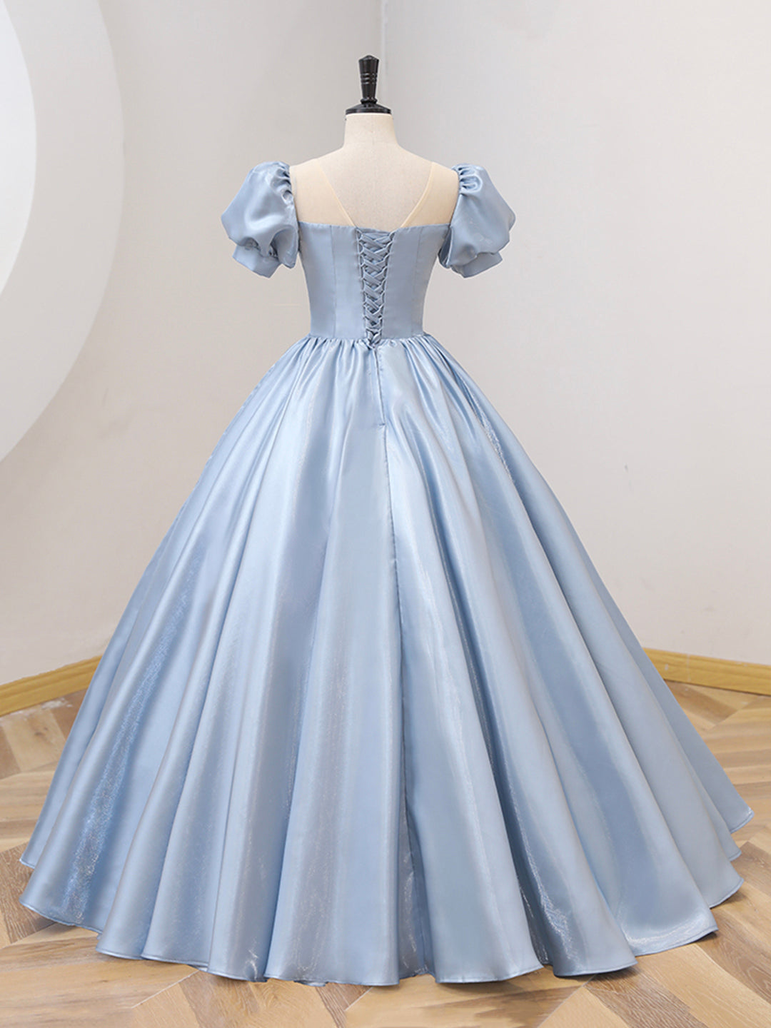 Evening Dress Long Sleeve, Blue Satin Floor Length Prom Dress with Bow, Blue A-Line Evening Formal Dress